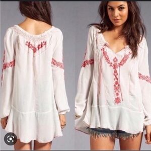 Free People White Red Embroidered Fondly St. Tropez Tunic Top Boho Blouse XS